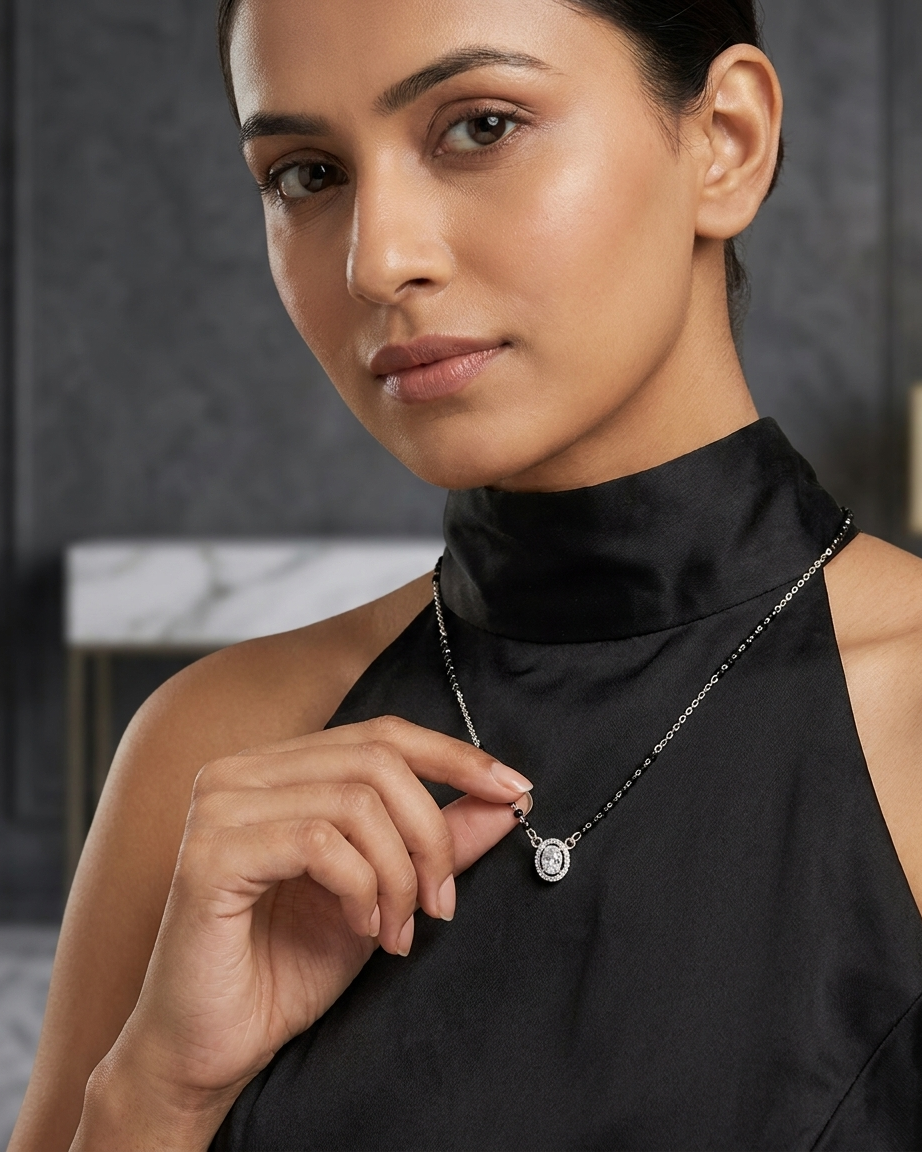 Oval Solitaire Halo 925 Sterling Silver Mangalsutra